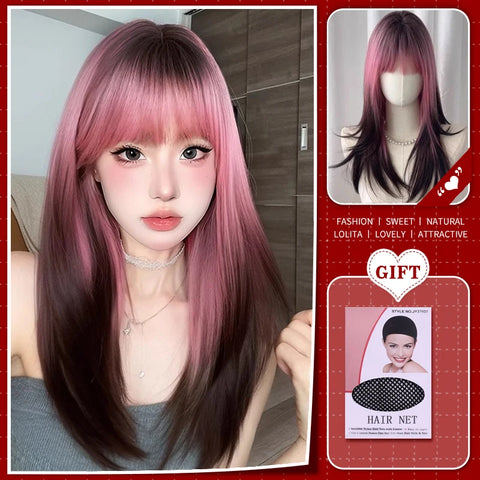 WTB Synthetic Long Straight Hair Black Lolita Wigs with Bangs for Women Fashion Female Cosplay Party Christmas Wigs Multicolor