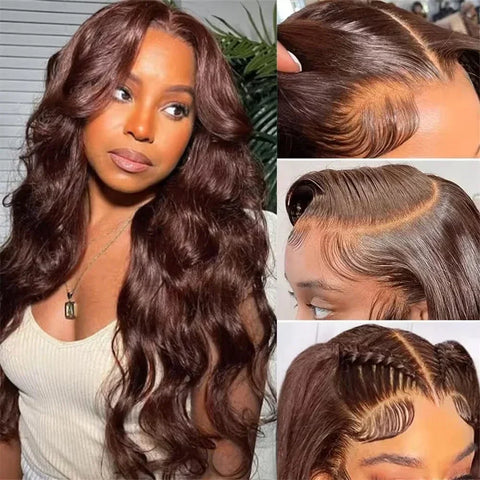 Chocolate Brown Lace Wig with Baby Hair Reddish Brown Colored 13x4 HD Body Wave Lace Front Wigs For Women Synthetic Glueless Wig