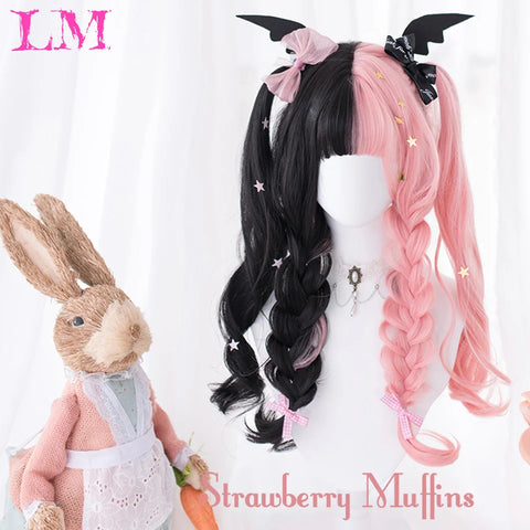 LM Synthetic Hair Long Wave Black And Pink Lolita Wigs For Women Cosplay Wig With Bangs Halloween Christmas Heat Resistant