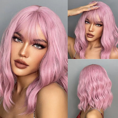 Women Grey Wavy Bob Wigs with Bangs Short Blonde Ombre Synthetic Wig With with Dark Roots Natural Hair for Daily Use