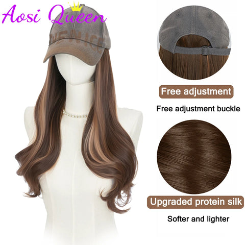 AOSI Long Wavy Wig Synthetic Wig Vintage Cowboy Hat Extensions Hat Wigs Cold Brown Adjustable Hairpiece for Women
