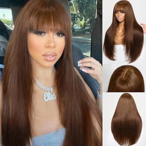 Chocolate Brown Layered Straight Wigs with Bangs Synthetic Layered Cut 3X1 Lace Glueless Wig 4# Brown Color 180% Density