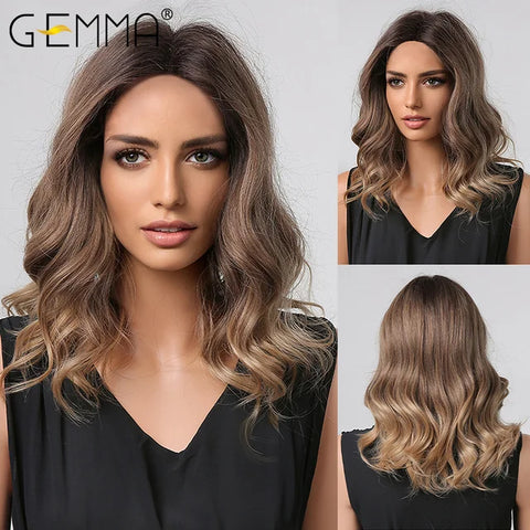 GEMMA Middle Length Red Brown Curly Wig with Bangs Synthetic Cosplay Wavy Natural Hair Wigs for Women Daily Heat Resistant Fibre