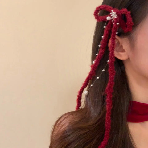 1/2PCS Red Knitted Bow Hair Accessory, Pearl Tassel Snowflake Hair Clip, Winter Christmas Hair Decor, Elegant Long Tassel Hair