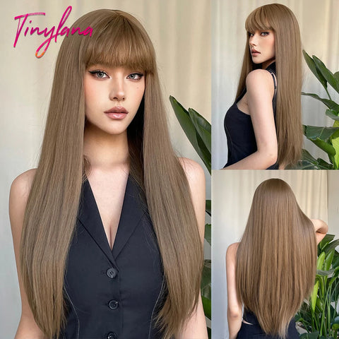Long Straight Silver Ash Gray Synthetic Wigs Lolita Cosplay Natural Hair with Bangs for White Women Party Daily Heat Resistant