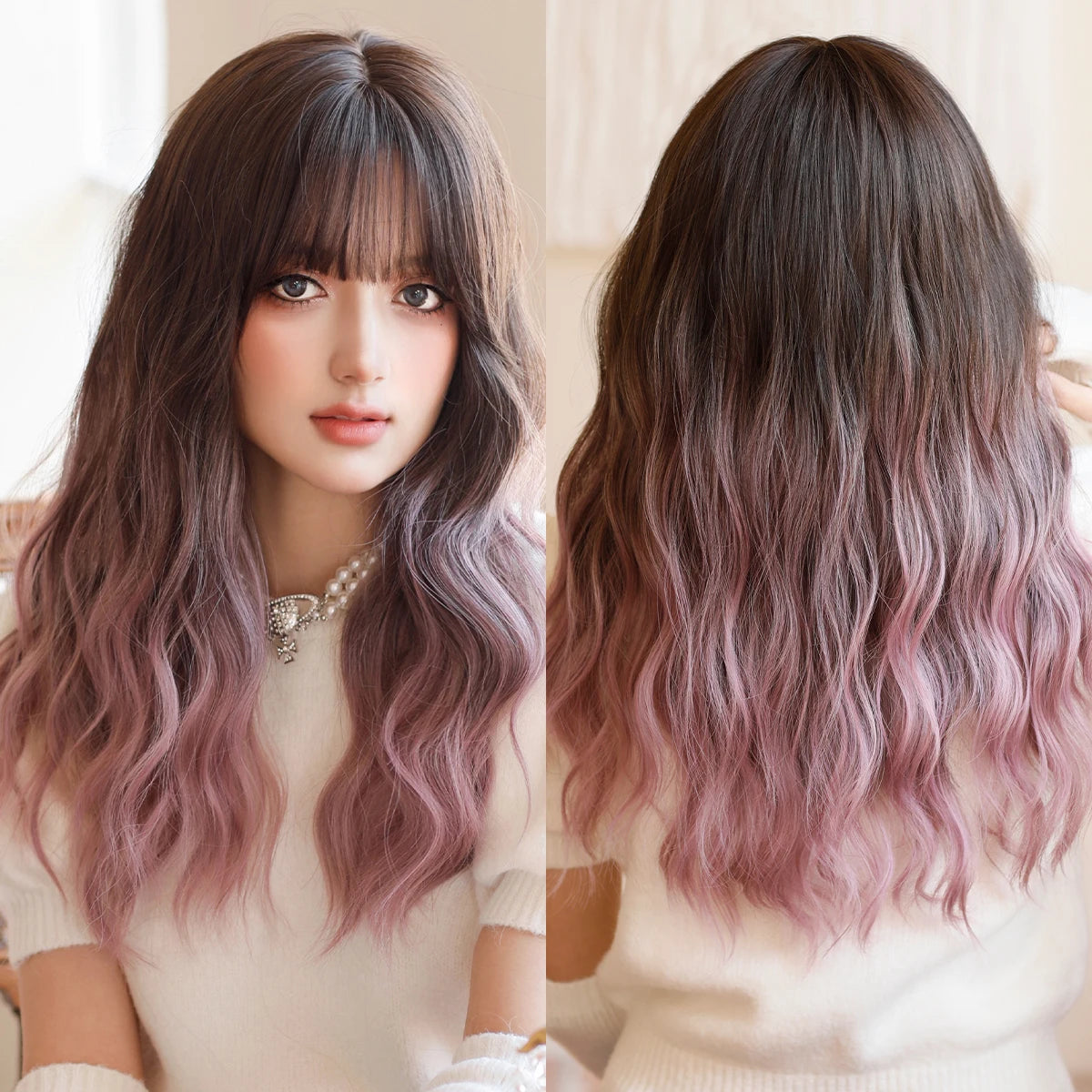 7JHH WIGS Long Wavy Pink Wigs for Women Daily Party Costume Synthetic Hair Wig with Bangs Halloween Costume Carnival Lolita Wig