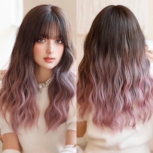 7JHH WIGS Long Wavy Pink Wigs for Women Daily Party Costume Synthetic Hair Wig with Bangs Halloween Costume Carnival Lolita Wig