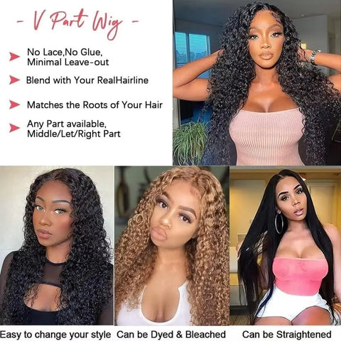 SoGreat 200% Density  Curly Wigs V Part Wig Human Hair Deep Wave Wig Water Wave Human Hair Wig Black Wig Natural Brazilian Hair
