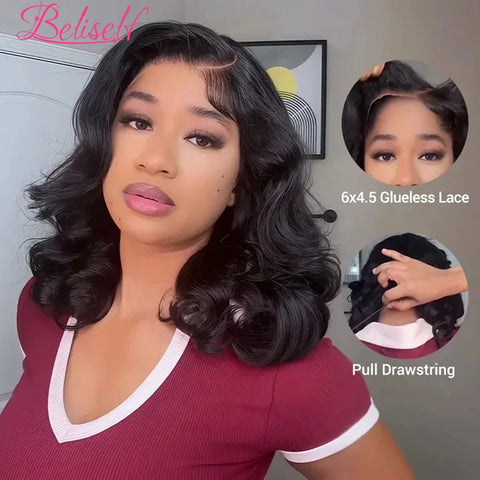 Pre-Styled Side Part Glueless Wigs Human Hair with Elastic Drawstring Ready to Wear Body Wave Short Bob Wig Pull Go Glueless Wig