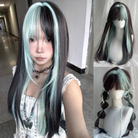 FOELISEE Synthetic 23inch Wig With Bangs Long Straight Black Highlight Red Wig For Women Cosplay Party Christmas Wig