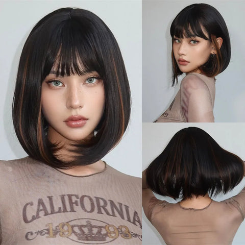 Light Brown Synthetic Wigs Straight Short Bob Cut with Bangs Wig for White Women Korean Daily Party Cosplay Heat Resistant Hair