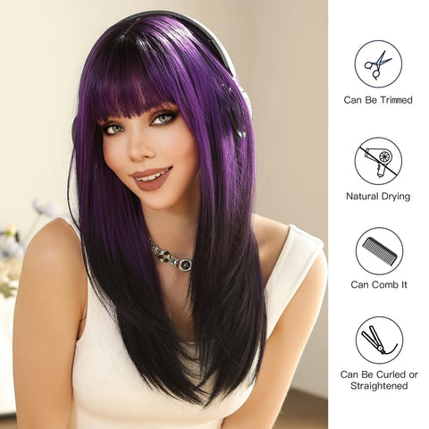 Straight Layered Synthetic Wigs Purple Black Ombre Wig with Bangs Middle Length Colored Cosplay Wig for Women Heat Resistant Wig