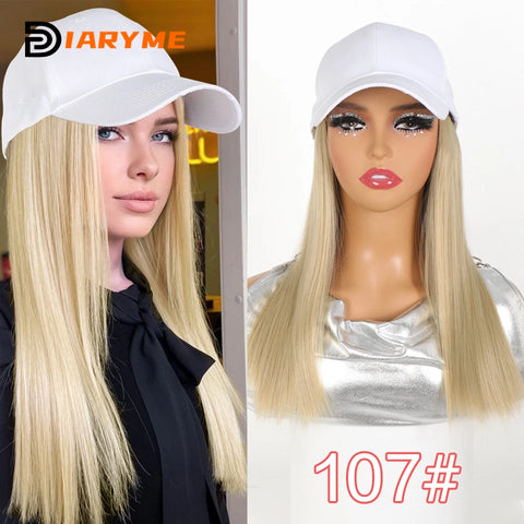 Baseball cap wig Synthetic Wigs With White Black Hat Long Straight Hair Wigs For Women connect Hat One Piece Wig Hat adjustable