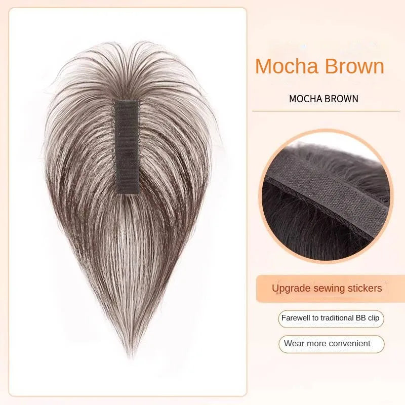 No Clip Toppers Human Hair Fringe Upgraded Magic Paste Hair Toppers Bangs for Women Fluffy Hair Cover Sparse Hair Seams Patches