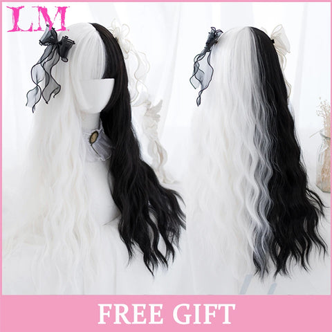 LM Synthetic Hair Long Wave Black And Pink Lolita Wigs For Women Cosplay Wig With Bangs Halloween Christmas Heat Resistant