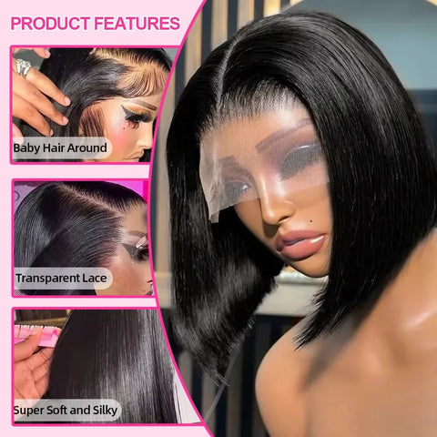250% Density Glueless Bone Straight 13x6 Short Bob Half Lace Front Wig HD Frontal Braided Black 100% Human Hair Wigs