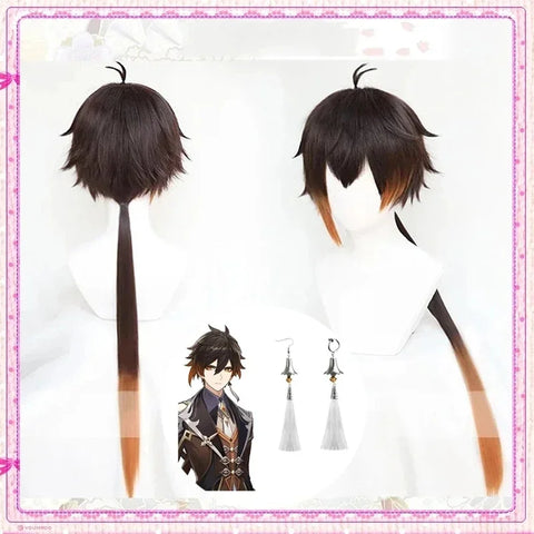 Anime Zhongli Cosplay 80cm Long Christmas Brown Orange Wig Cosplay Wigs Heat Resistant Synthetic Wigs Halloween