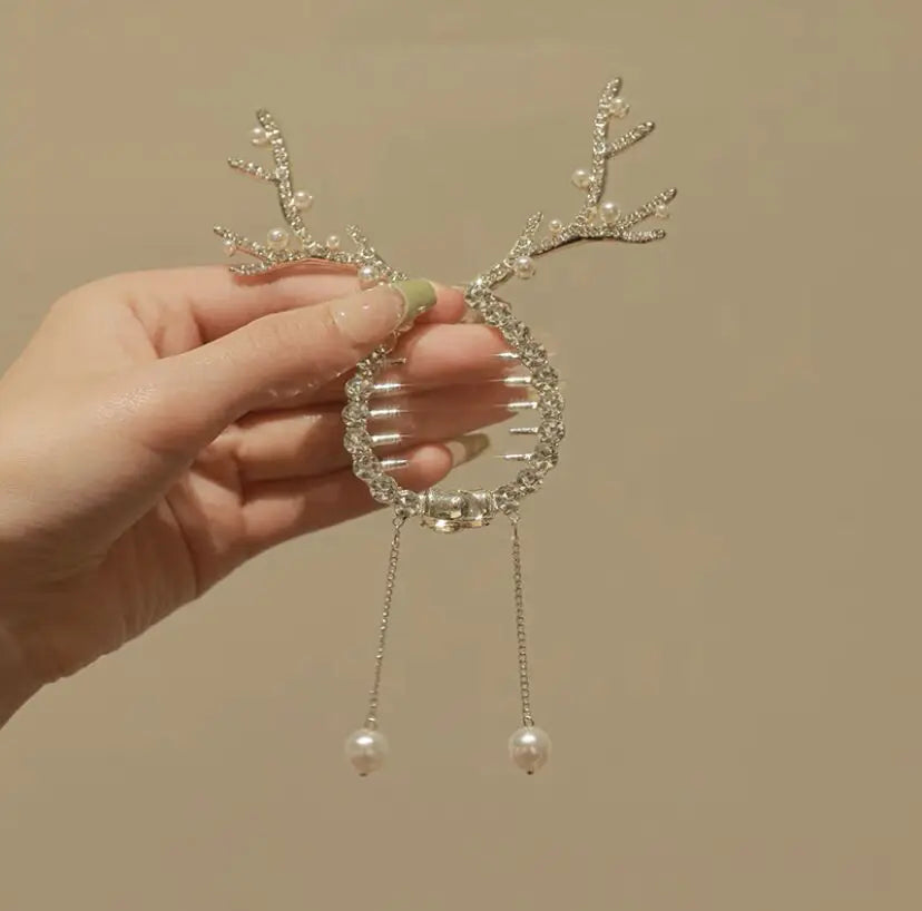 AWAYTR New Christmas Elk Horn Tassel Hairpin Korea Cute Hair Clip Ponytail Bun Ponytail Clip For Women Girl Hair Accessories