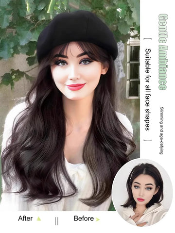 synthetic 16 inch black beret big wave long curly wig water wave baseball cap duck tongue hat fisherman hat Hat Wig Christmas