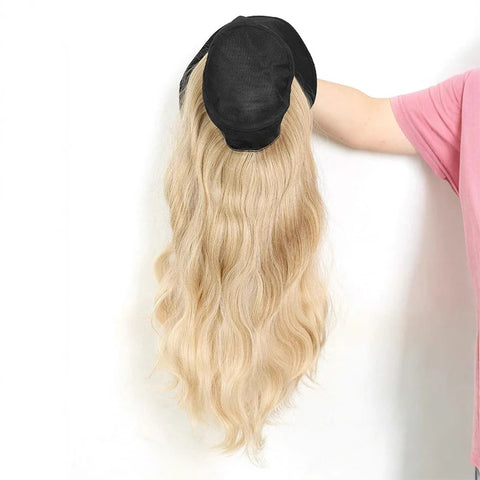 Synthetic Women Caps with Hair 20 Inch Hat Wig Seamless Connection Hair Extensions Beautiful Long Wavy Curly for Daily Use