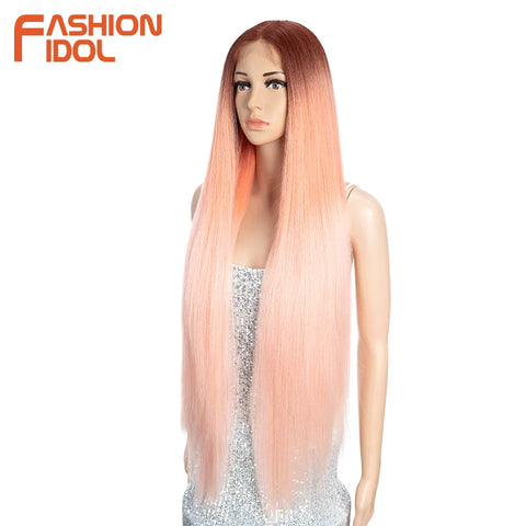 FASHION IDOL Lace Front Wig Synthetic 36 Inches Long Kinky Straight Wig Ombre Pink Cosplay Wigs For Women Party Daily Fake Hair