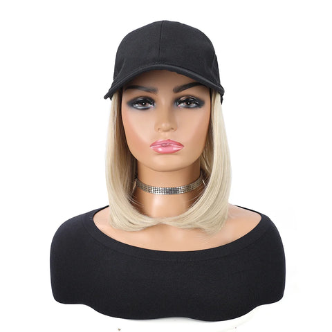 Baseball Cap with Synthetic Hair Extensions Straight Short Bob Hairstyle Adjustable Removable Wig Hat 10 inch for Woman Girl