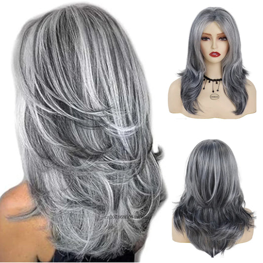 Grey Layered Long Synthetic Wigs with Bangs Silver Gray Wavy for Women Salt and Pepper Natural Looking Daily Use Heat Resistant