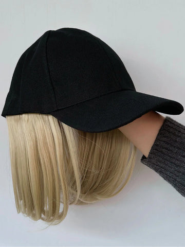 Hat Wigs Synthetic Short Bob Straight Wig With Black Baseball Cap Adjustable Hat Wigs Straight Hair Extensions For Women Fashion
