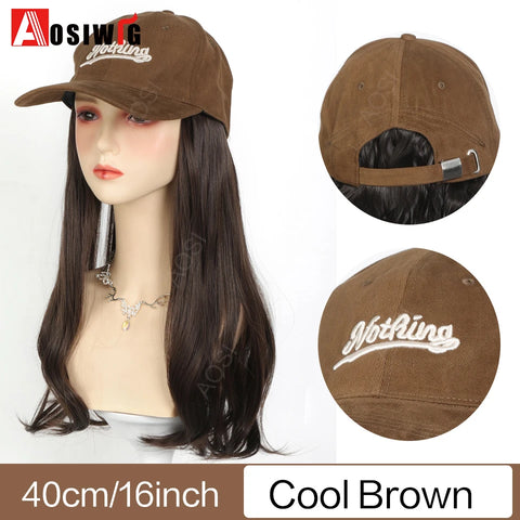 Long Wavy Synthetic Wig Baseball Rice White Cap With Hair Extensions Hat Wigs Natural Black Connect Wig Adjustable For Women
