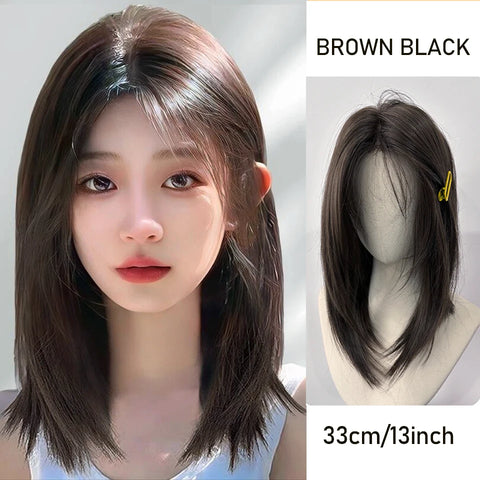 Shoulder Black Brown Layered Synthetic Natural Hair Wigs For Women Body Wave Daily Women's Wig with Curtain Bangs Heat Resistant