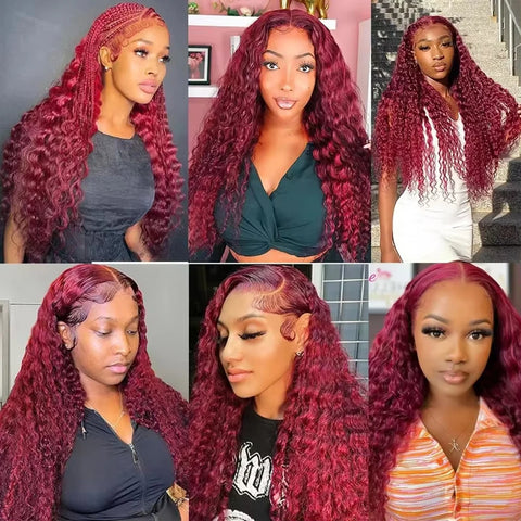 200 Density 13x4 Curly 99J Burgundy Colored Lace Front Wig 30 36 Inch Deep Wave 13x6 HD Lace Frontal Human Hair Wigs For Women