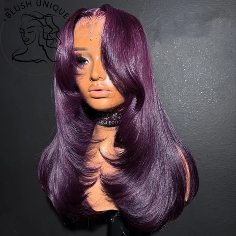 13X6 Dark Burgundy Straight Lace Front Wigs HD Layered Cut Lace Frontal Wig Synthetic Pre Plucked Glueless Lace Wigs For Women