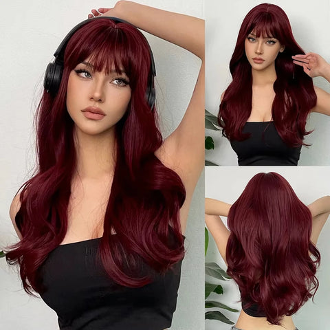 Short Bob Burgundy Straight Synthetic Wig with Bangs Wine Red Fake Hair for Cosplay Women Party Daily Use Heat Resistant Wigs