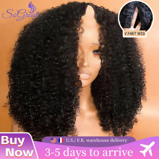 SoGreat 200% Density  Curly Wigs V Part Wig Human Hair Deep Wave Wig Water Wave Human Hair Wig Black Wig Natural Brazilian Hair