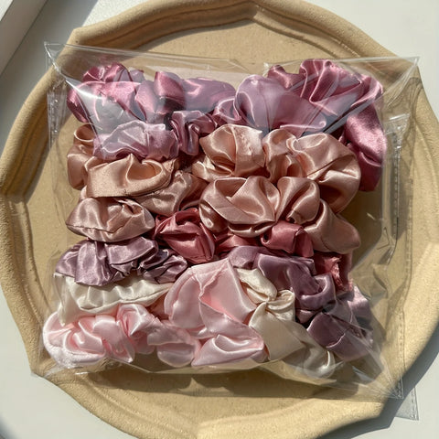 16-piece set of soft satin hair ties in pink and brown colors | suitable for wearing in all settings