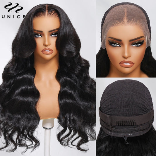 UNICE Hair Drawstring 13x4 Lace Frontal Human Hair Wig Pre Cut Pre Bleached Peel & Stick Body Wave Lace Front Wig 150% Density