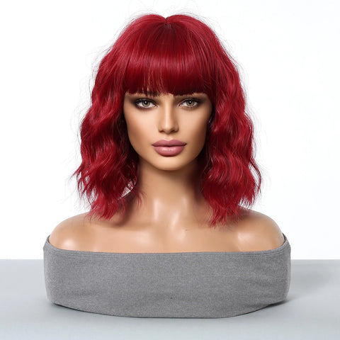 Christmas Short Curly Wavy Burgundy Wine Red Synthetic Wig Lolita Hair Wig with Bangs for Women Cosplay Party use Heat Resistant