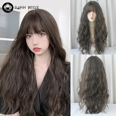 7JHH WIGS Honey Brown Wigs with Neat Bangs High Density Synthetic Loose Brown Hair Wig for Women Daily Use Beginner Friendly