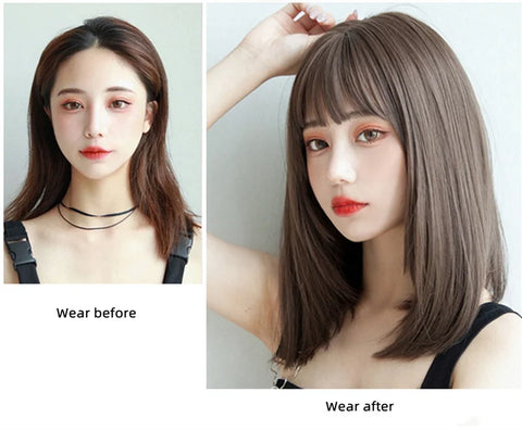 Korea Style Hair Extensions Synthetic Fashion Young Female Wigs Breathable Head Cover Medium Length Straight Wig Hat for Women