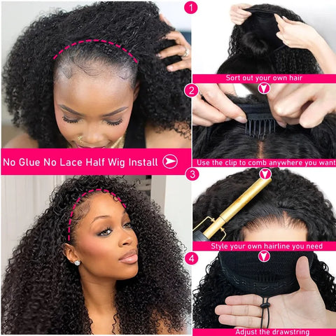 Glueless Human hair Wigs Kinky Curly Headband Wig Upgrade 3 IN 1 Half Wig With Drawstring Seamless Clip Ins Flip Over For Women