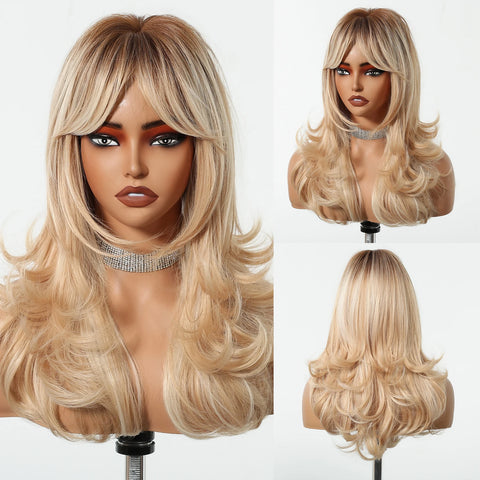 HENRY MARGU Grey Layered Synthetic Natural Wig Medium Length Straight Wig with Bangs for Women Daily Party Wigs Heat Resistant
