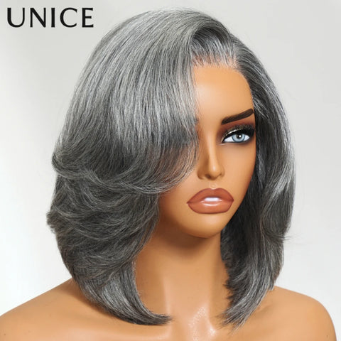 UNICE Hair Side Part Grey Bob Wig Pre Cut 6.5x1.5 Lace Layered Blowout Salt & Pepper Glueless Wig Human Hair Ready To Wear