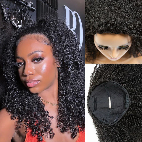 3 in 1 Half Wigs Human Hair Afro Kinky Curly Flip Over Wig Wear Go Glueless Wig With Drawstring Seamless Human Hair Pre Cut