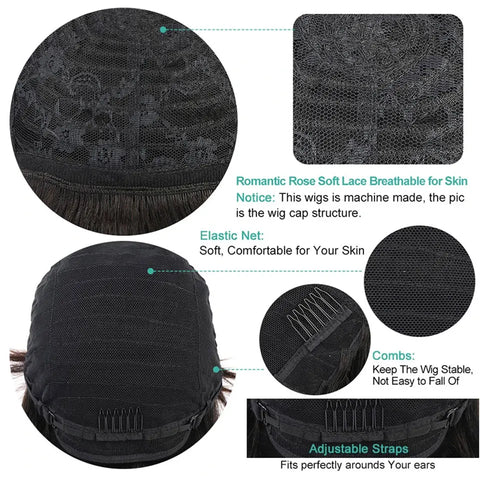 Short Curly Pixie Cut Human Hair Wigs For Black Women Natural Black Glueless Wig Peruvian Remy Bob Full Machine Made Wigs 150%