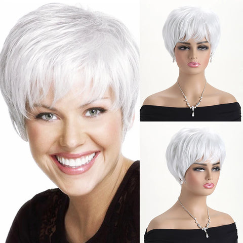Short Natural Wigs with Bangs Soft Mommy Hair Daily Use Short  Grey Ombre Curly Synthetic Hair Costume Party Wig for Women