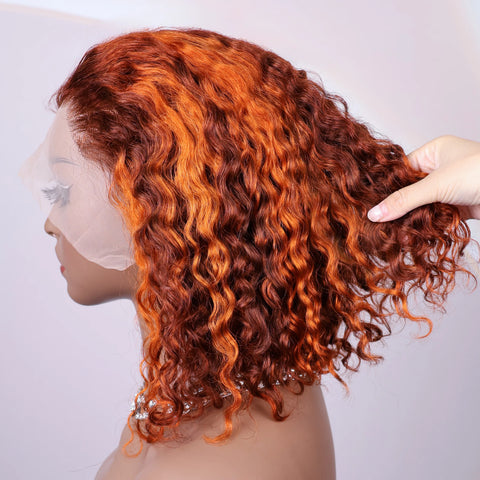4/350 Highlight Color Short Bob Wigs Water Wave 13x4 Lace Frontal Wigs Brazilian Human Hair Deep Curly Wigs Ombre Ginger Color