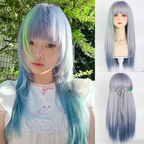 FOELISEE Synthetic 23inch Wig With Bangs Long Straight Black Highlight Red Wig For Women Cosplay Party Christmas Wig