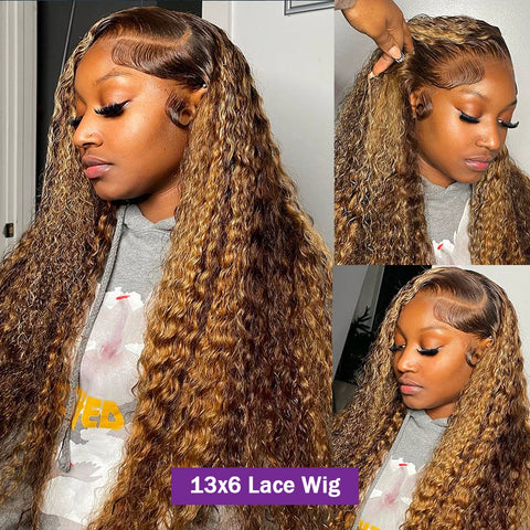HD 13x6 Highlight Wig Human Hair Honey Blonde Brown Lace Front Wigs Deep Curly Human Hair Wig Water Wave 13x4 Lace Frontal Wig