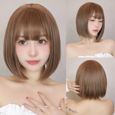 Light Brown Synthetic Wigs Straight Short Bob Cut with Bangs Wig for White Women Korean Daily Party Cosplay Heat Resistant Hair