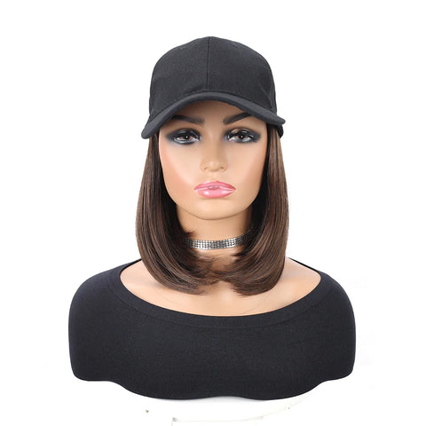Baseball Cap with Synthetic Hair Extensions Straight Short Bob Hairstyle Adjustable Removable Wig Hat 10 inch for Woman Girl